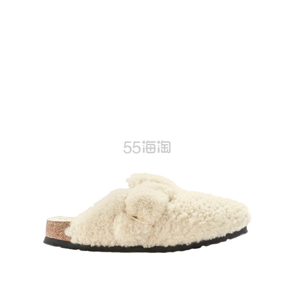 BIRKENSTOCK勃肯 Arizona Teddy 女士米白色大巴扣毛毛鞋软木拖鞋
