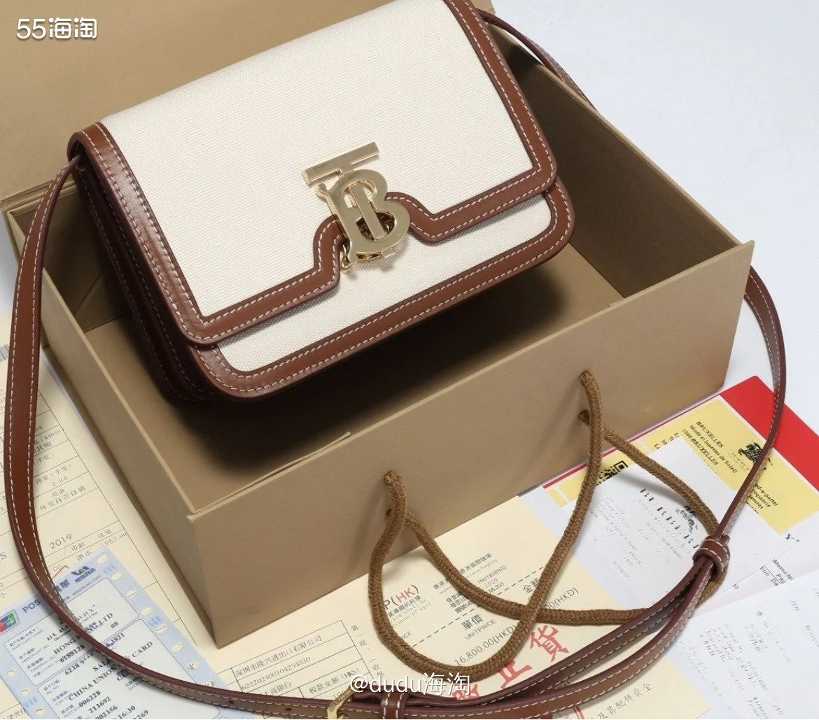 💓Burberry超美的帆布拼皮焦糖棕色小号TB豆腐包，来
