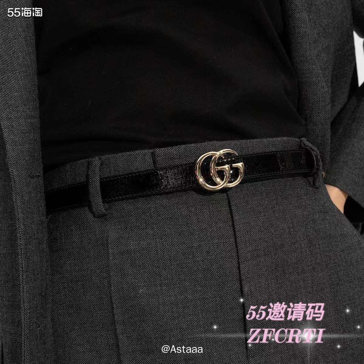 GUCCI双G标志皮带～ 2cm金色双G经典标志+黑色漆皮 