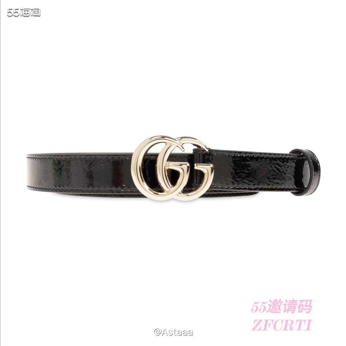GUCCI双G标志皮带～ 2cm金色双G经典标志+黑色漆皮 
