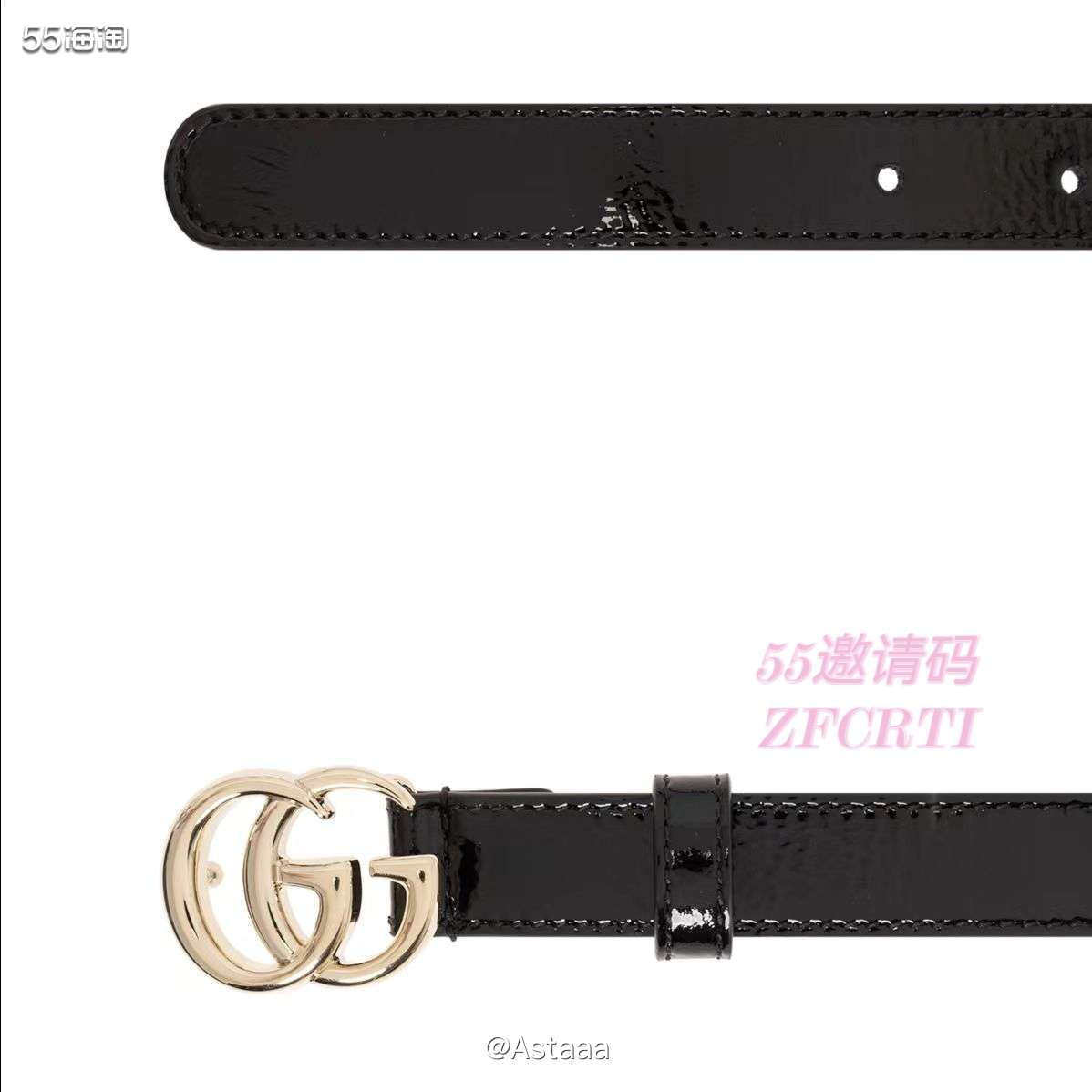 GUCCI双G标志皮带～ 2cm金色双G经典标志+黑色漆皮 