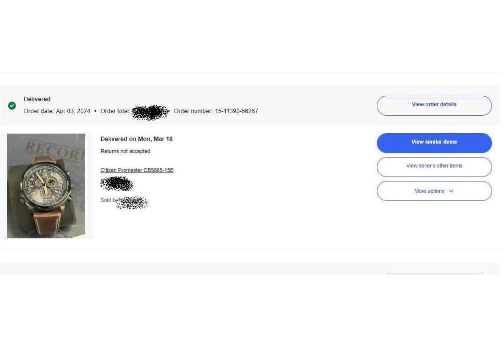 下单网站:eBay 订单产品：西铁城光动能手表 购买订单金额