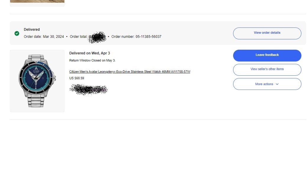 下单网站:eBay 订单产品：西铁城光动能阿凡达联名款手表 