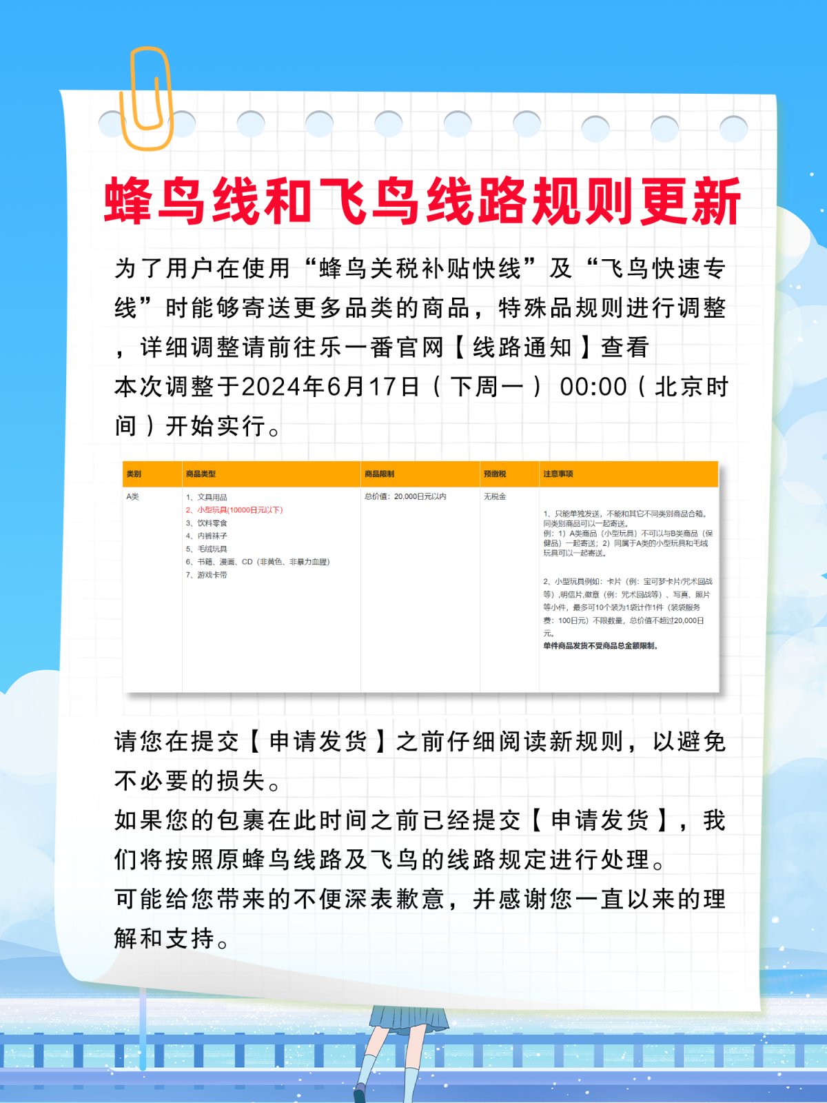 关于“蜂鸟关税补贴快线”及“飞鸟极速专线”【特殊品】规则及【