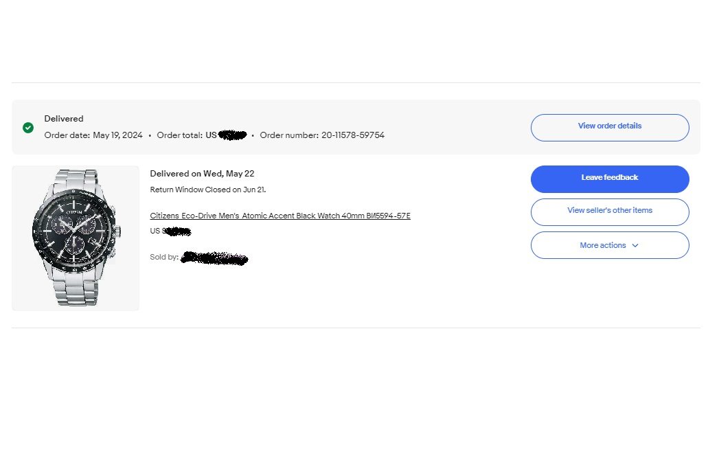 下单网站:eBay 订单产品：西铁城光动能手表 支付及转运：