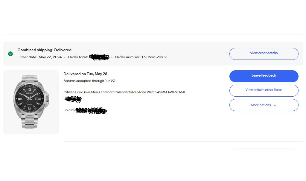 下单网站:eBay 订单产品：西铁城光动能手表 支付及转运：