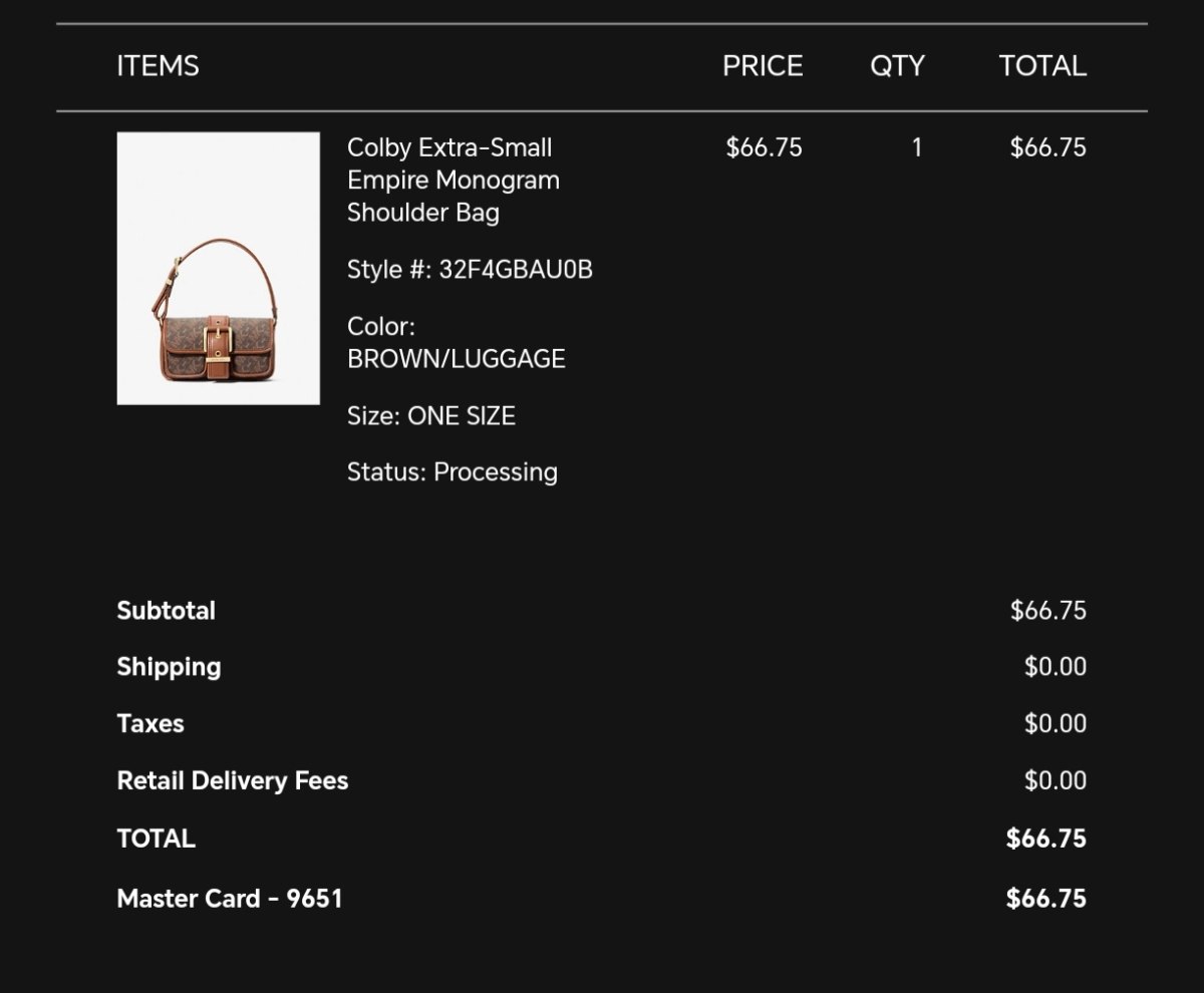 下单网站:MK官网 下单商品：MINI Colby棕色老花款