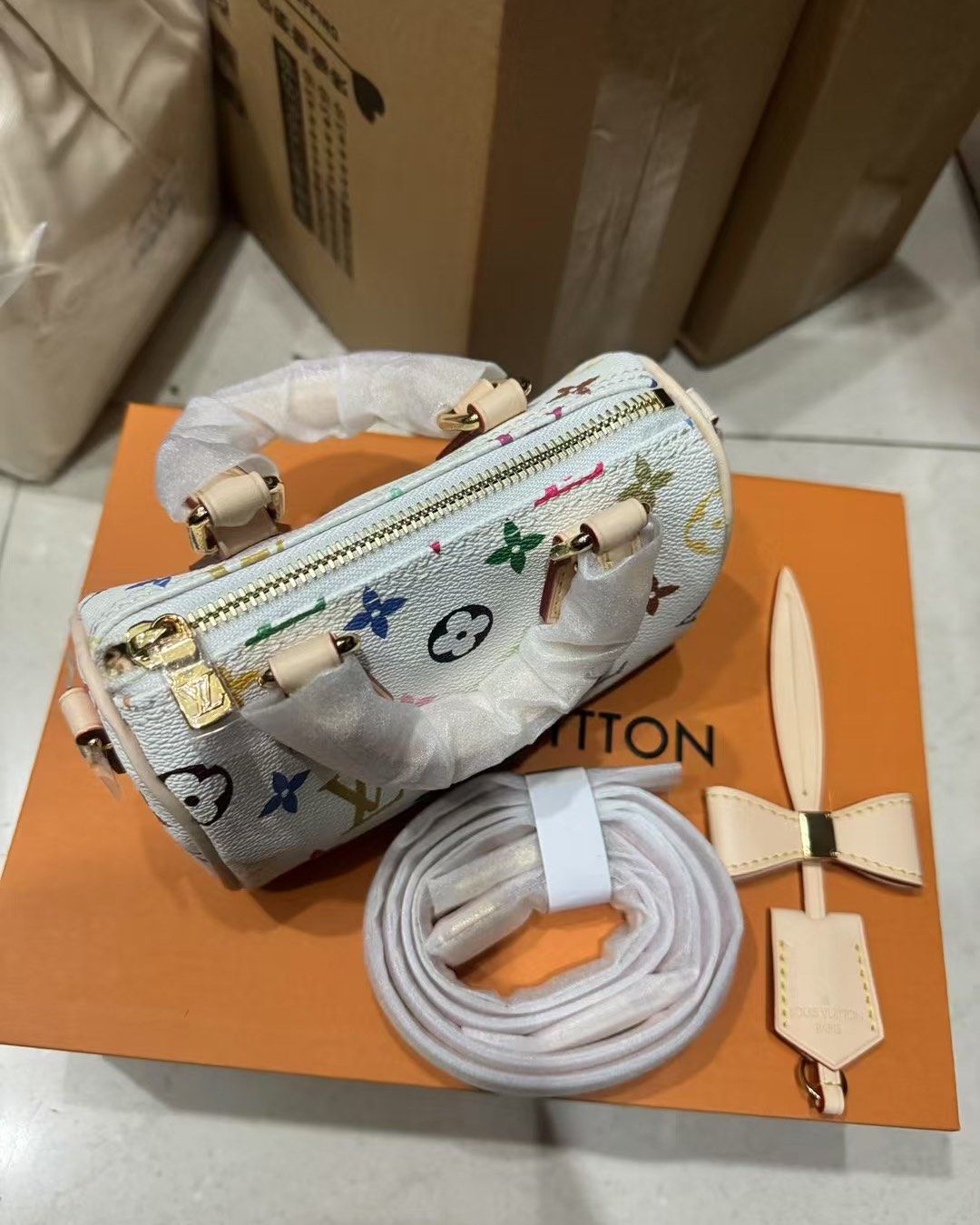 LV x TM Nano Speedy白三彩手袋 可拆卸的奶