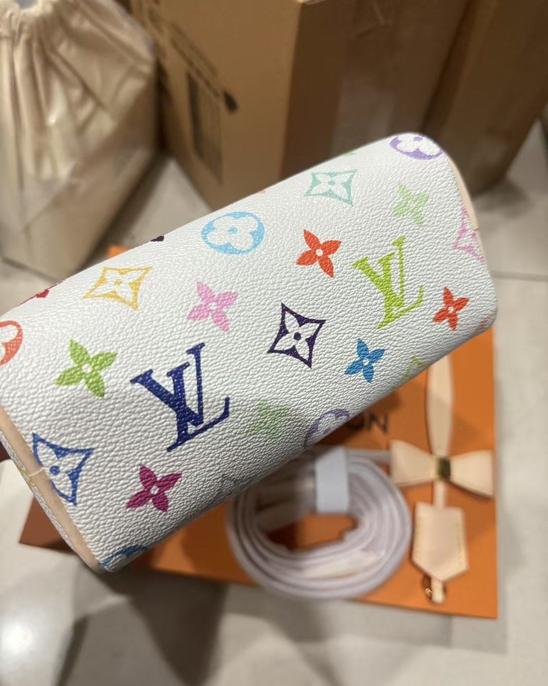 LV x TM Nano Speedy白三彩手袋 可拆卸的奶