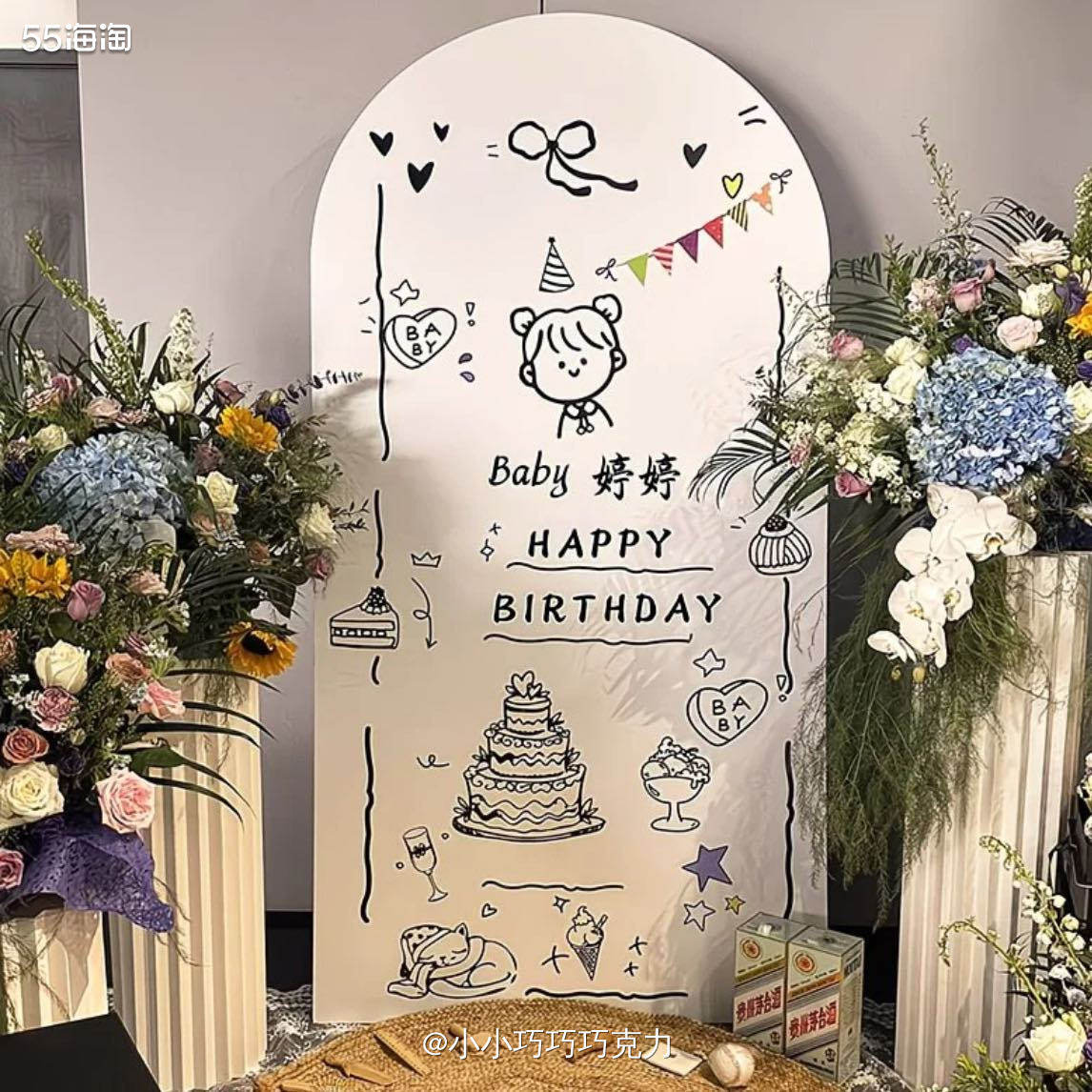 我定的生日布置的，除了现成的布置外，加一块带名字的定制kt版