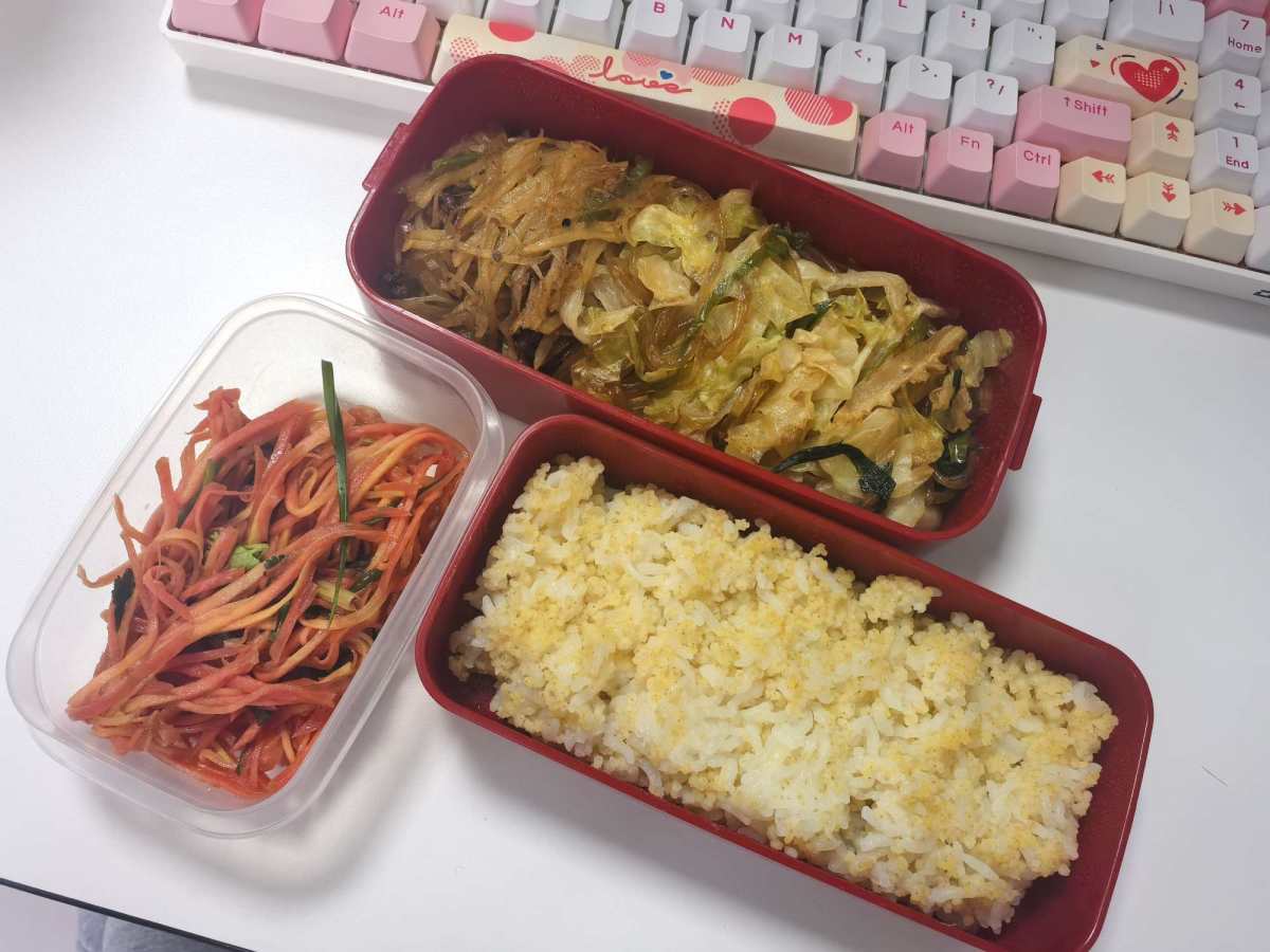 依旧是家里做的饭，然后中午带上米饭，是大米和小米混合。主要是