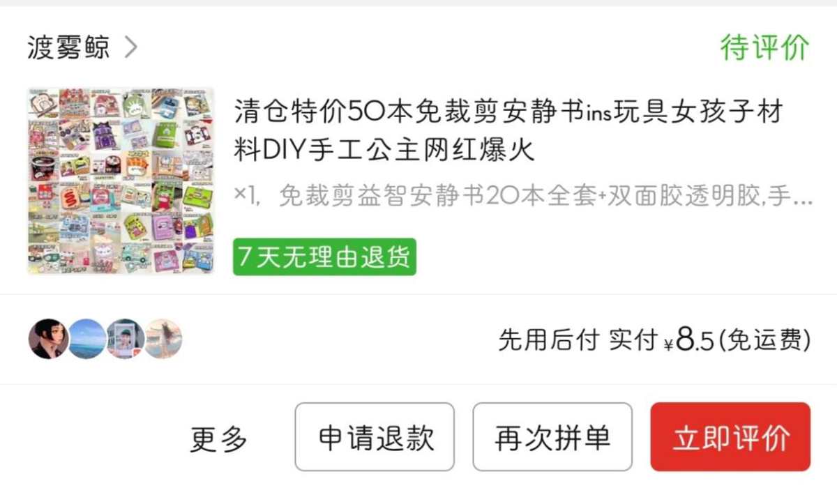 下单网站：拼多多app 下单商品：免剪裁安静书ins玩具DI