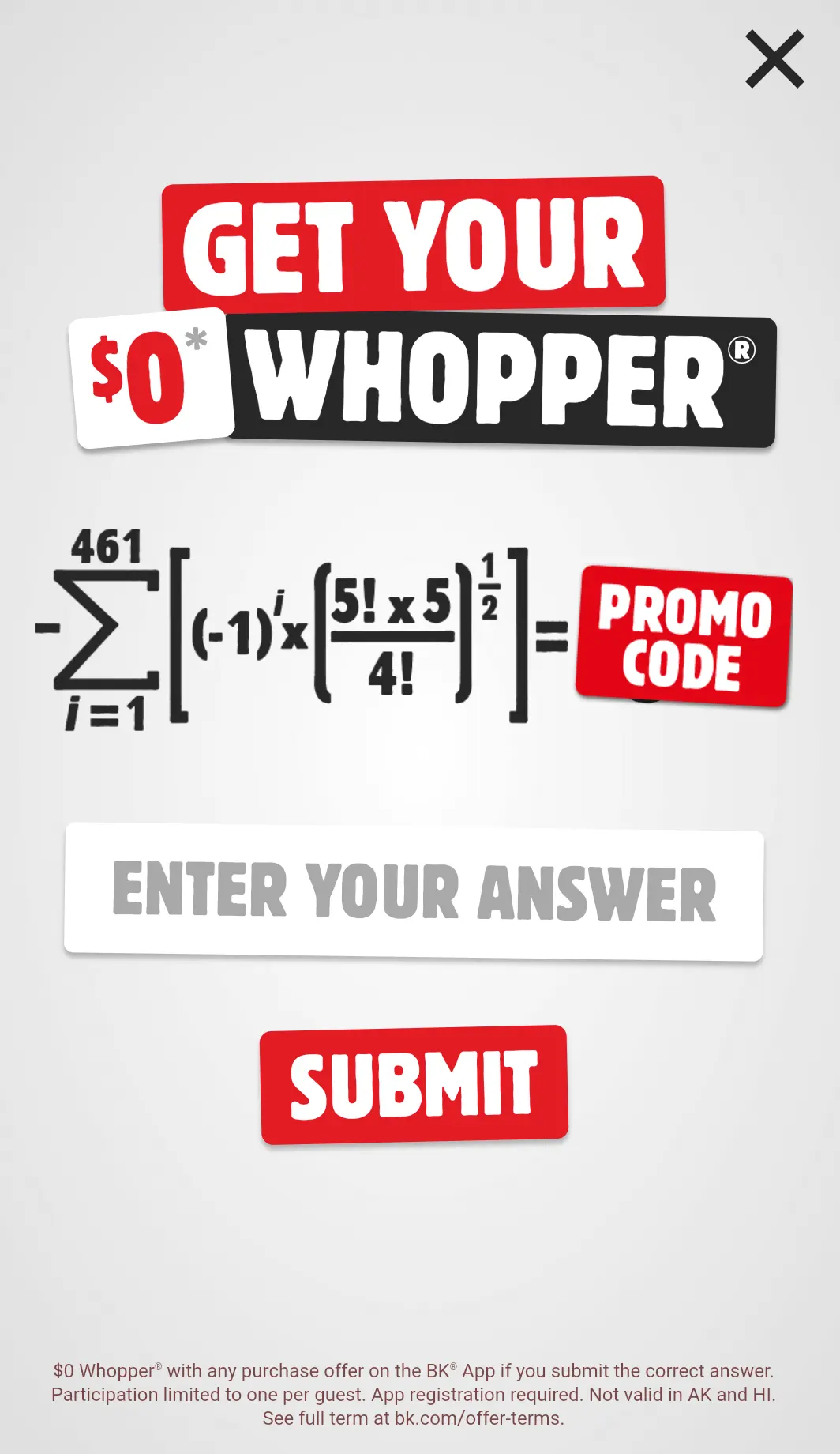 Burger King App: Solve Math Equation, Earn Coupon Towards Free Whopper w/