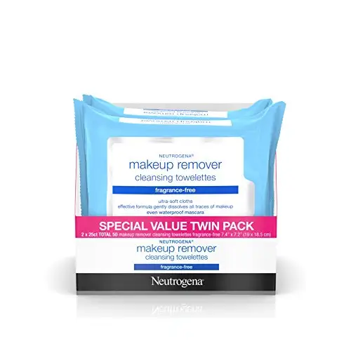Neutrogena Cleansing Fragrance Free Makeup Remover Facial Wipes, Daily Cleansing Facial Towelettes for Waterproof Makeup, Alcohol-Free, 25 Count, 2 Pack