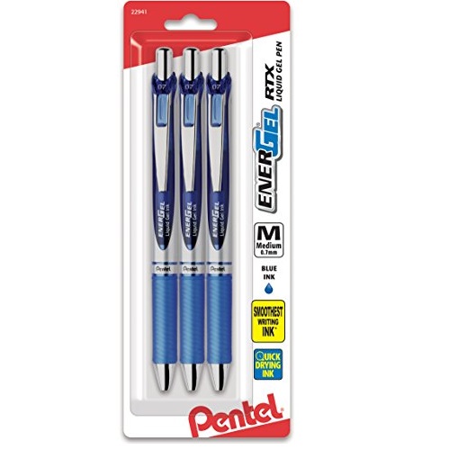 Pentel EnerGel Deluxe RTX Gel Ink Pens, 0.7 Millimeter Metal Tip, Blue Ink, 3-Pack (BL77BP3C)
