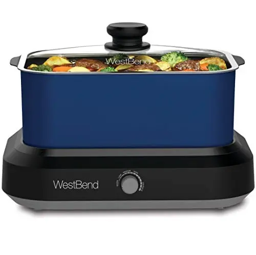 West Bend 87906B Large Capacity Non-Stick Versatility Cooker with 5 Different Temperature Control Settings Dishwasher Safe, 6-Quart, Blue