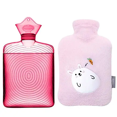 Samply Transparent Hot Water Bottle- 2 Liter Water Bag with Cute Fleece Cover, Rabbit Pink