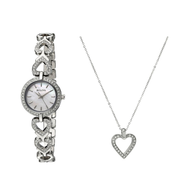 Bulova Women's 96X136 Swarvoski Crystal Box Set with Heart Pendant Necklace