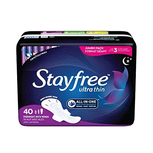 Stayfree Ultra Thin Overnight Pads with Wings, For Women, Reliable Protection and Absorbency of Feminine Moisture, Leaks and Periods, 40 count - Pack of 3