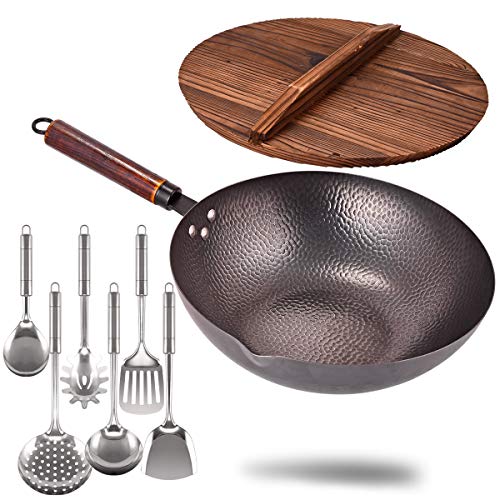 Carbon Steel Wok with Wooden Handle and Lid
