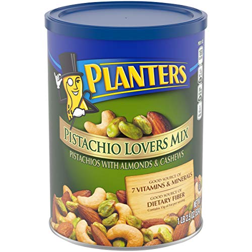 PLANTERS Pistachio Lover's Mix, 1.15 lb. Resealable Canister - Deluxe Pistachio Mix: Pistachios, Almonds & Cashews Roasted in Peanut Oil with Sea Salt - Kosher, Savory Snack, Now