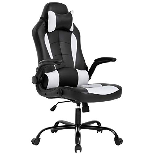 BestOffice PC Gaming Chair Ergonomic Office Chair Desk Chair with Lumbar Support Flip Up Arms Headrest PU Leather Executive High Back Computer Chair , Black and White