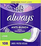 2 X 108 Count Always Anti-Bunch Xtra Protection Daily Liners Long Unscented