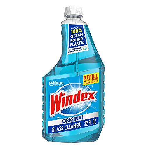 Windex Glass and Window Cleaner Refill Bottle, Bottle Made from 100% Recycled Plastic, Original Blue, 32 fl oz, Now