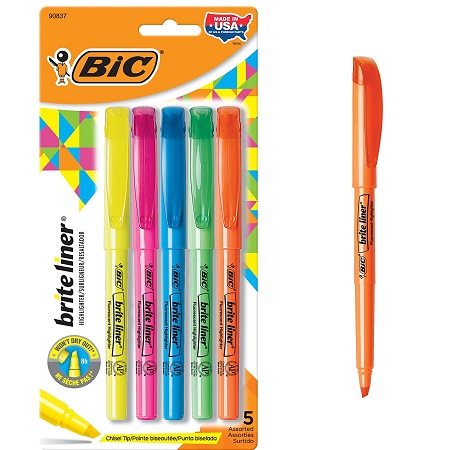 BIC Brite Liner Highlighter, Chisel Tip, Assorted Highlighter Colors, 5-Count, Chisel Tip for Broad Highlighting or Fine Underlining
