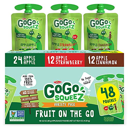 GoGo squeeZ Fruit on the Go Variety Pack, Apple Apple, Apple Strawberry & Apple Cinnamon, 3.2 oz. (48 Pouches) - Tasty Kids Applesauce Snacks - Now