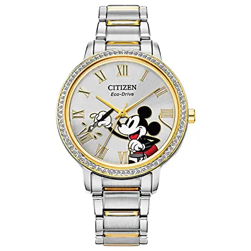 Citizen Eco-Drive Disney Quartz Womens Watch, Stainless Steel, Crystal, Mickey Mouse, Two-Tone (Model: FE7044-52W), List Price is