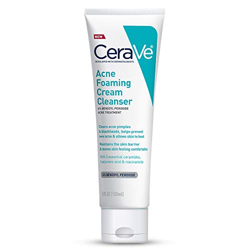 CeraVe Acne Foaming Cream Cleanser | Acne Treatment Face Wash with 4% Benzoyl Peroxide, Hyaluronic Acid, and Niacinamide | Cream to Foam Formula | 5 Oz, List Price is