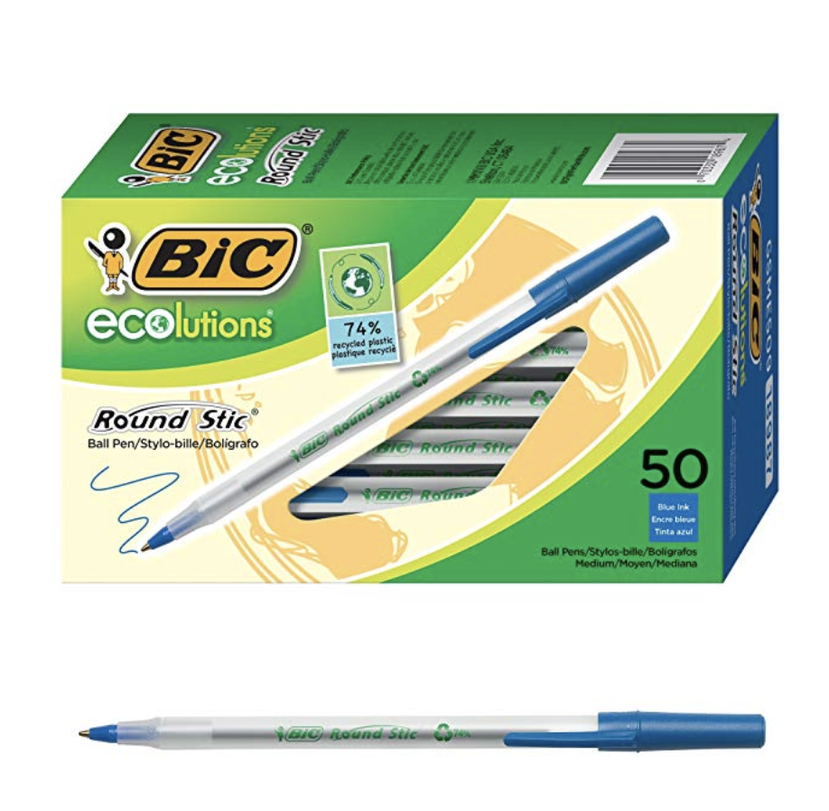 BIC Ecolutions Round Stic Ballpoint Pen, Medium Point (1.0mm), Blue, 50-Count