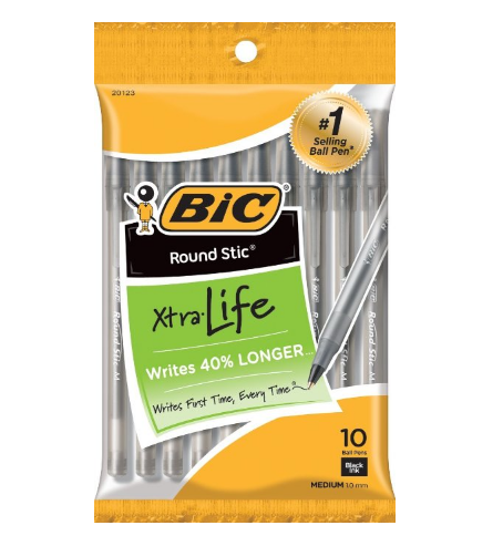 BIC Round Stic Xtra Life Ball Pen, Medium Point,10 counts