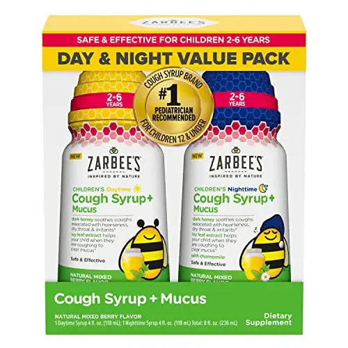 Zarbee’s Kids Cough + Mucus Day/Night Value Pack for Children 2-6 with Dark Honey, Ivy Leaf, Zinc & Elderberry, #1 Pediatrician Recommended,  Mixed Berry Flavor, 2x4FL Oz