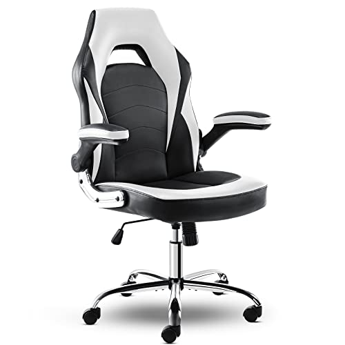 Ergonomic Gaming Office Chair - PU Leather Executive Swivel Computer Desk Chair with Flip-up Armrests and Lumbar Support for Working, Studying, Gaming, Grey