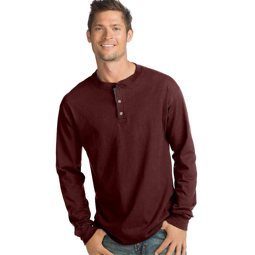 Hanes Men's Beefy Long Sleeve Three-Button Henley (Mulled Berry)