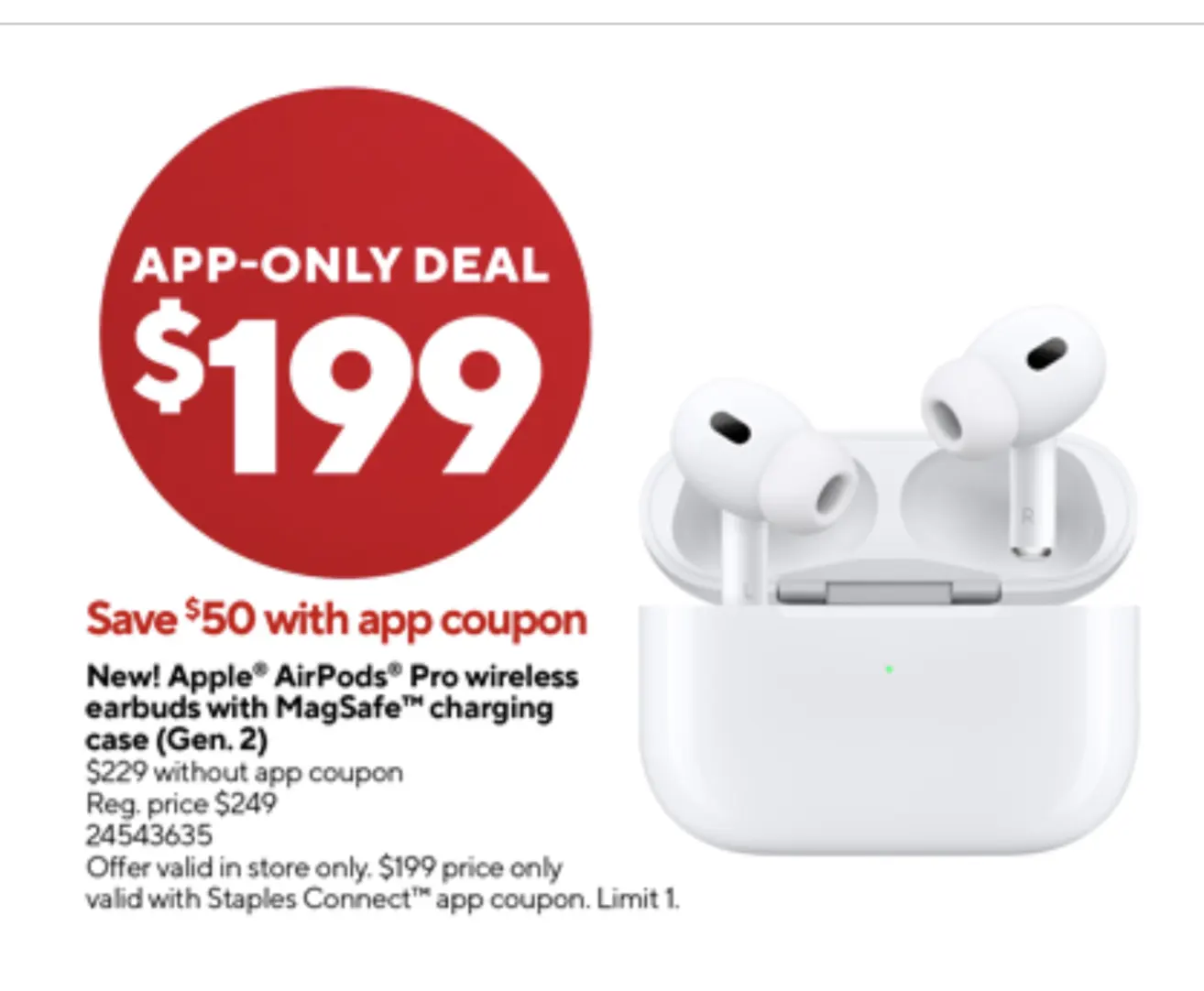 Staples In-Store Offer: Apple AirPods Pro 2nd Gen Earbuds w/ MagSafe Case