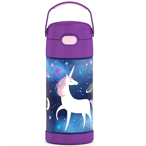 THERMOS FUNTAINER 12 Ounce Stainless Steel Vacuum Insulated Kids Straw Bottle, Space Unicorn