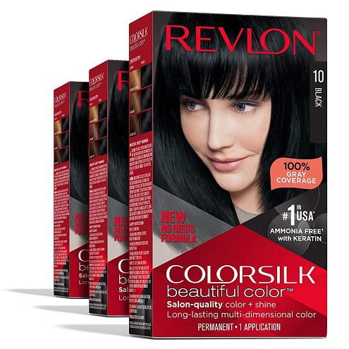 Permanent Hair Color by Revlon, Permanent Black Hair Dye, Colorsilk with 100% Gray Coverage, Ammonia-Free, Keratin and Amino Acids, Black Shades (Pack of 3)