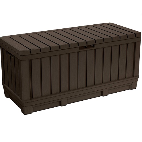 Keter Kentwood 90 Gallon Resin Deck Box-Organization and Storage for Patio Furniture Outdoor Cushions, Throw Pillows, Garden Tools and Pool Toys, Brown