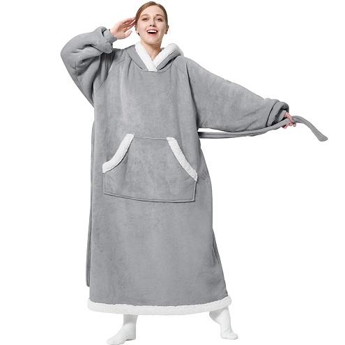 Bedsure Ovesized Wearable Blanket Hoodie, Long Sherpa Fleece Blanket Sweatshirt, with Warm Big Hood, Side Split and Belt, Grey, Standard