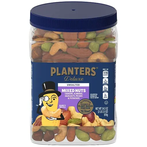 PLANTERS Unsalted Premium Nuts 34.5 oz Resealable Container- Contains Roasted California Pistachios, Cashews, Almonds, Hazelnuts & Pecans - No Artificial Flavors or Colors,Now