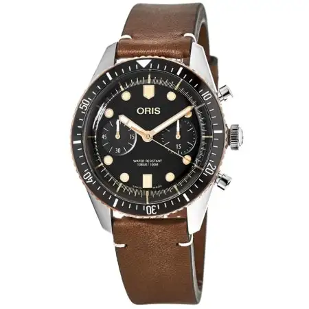 Oris Men's Divers Sixty-Five Black Chronograph Dial Watch w/ Leather Strap