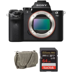 Sony Alpha a7 IIK E-mount Mirrorless Camera with spare battery, camera bag, and 64GB SD Card