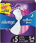 54-Ct Always Radiant Feminine Pads Size 5 Extra Heavy Overnight