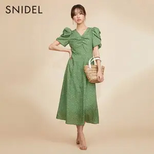 SNIDEL 2023夏新品复古V领印花泡泡袖连衣裙SWFO231226 - 北美找丢网