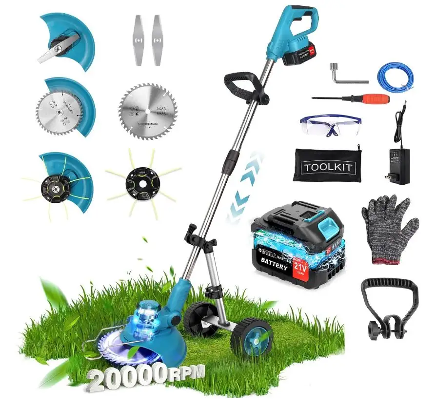 12'' Weed Wacker Cordless Edger trimmer Battery Powered, 20000 RPM Powerful Electric Weed Eater Heavy Duty Brush Cutter, Weed Trimmer Lawn Mower with Wheel, Metal Blades, Battery and Charger