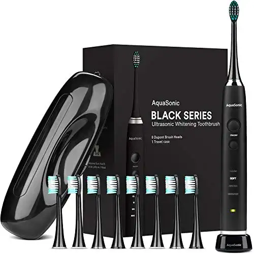 AquaSonic Black Series Ultra Whitening Toothbrush - 8 DuPont Brush Heads & Travel Case Included - Ultra Sonic 40,000 VPM Motor & Wireless Charging - 4 Modes w Smart Timer , Only $29.95