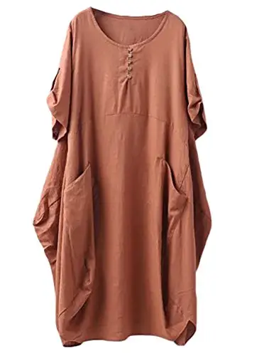 Minibee 亚麻连衣裙,带口袋,棕色